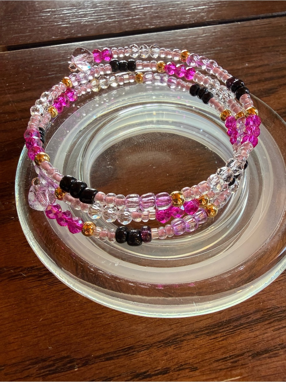 Handmade Pink Beaded Coil Bracelet with Gold & Black Accents